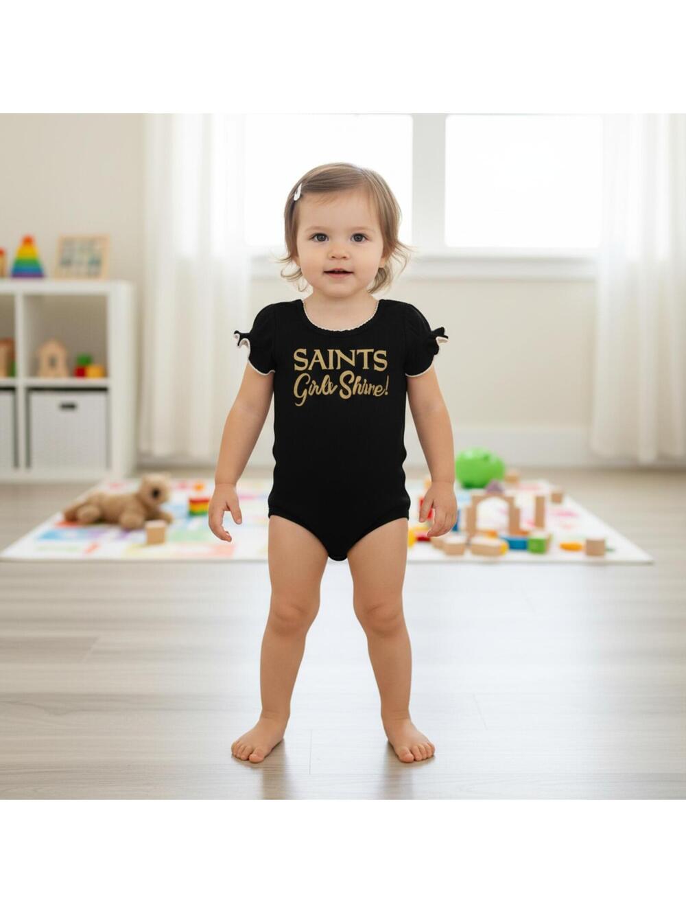 Gerber NFL Saints Bodysuit 3-6M Black Gold Ruffle Sleeve